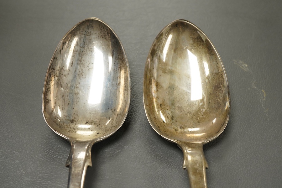 A pair of Victorian silver fiddle pattern basting spoons by Joseph & Albert Savory, London, 1846, with engraved initials, 30cm, 10oz.
